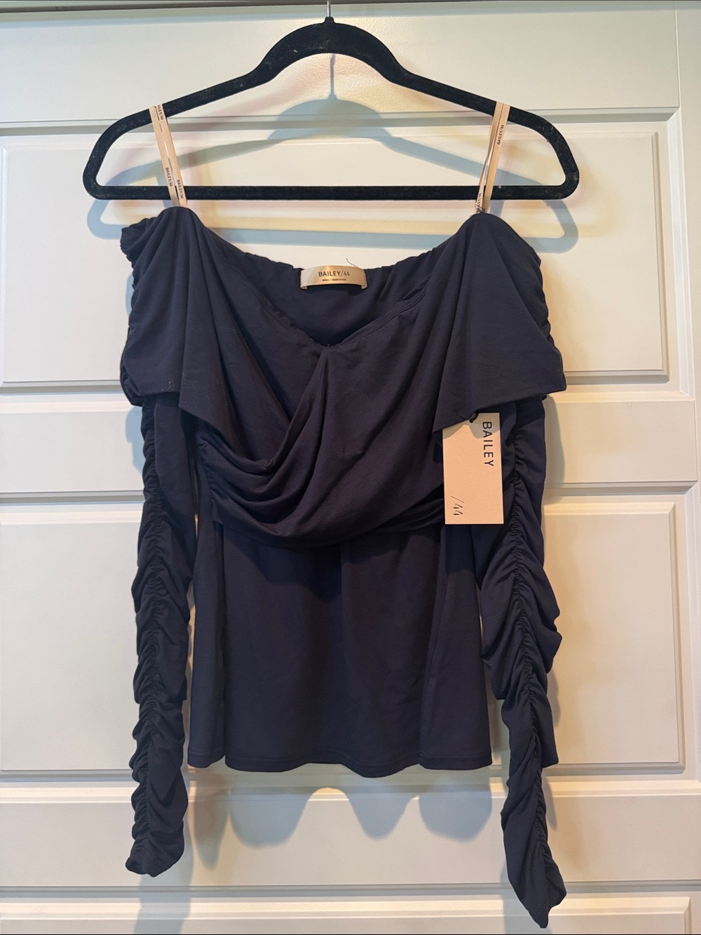 NWT: Bailey 44 Black Mariam Off-Shoulder Draped Ruched-Sleeve Top- SZ: S